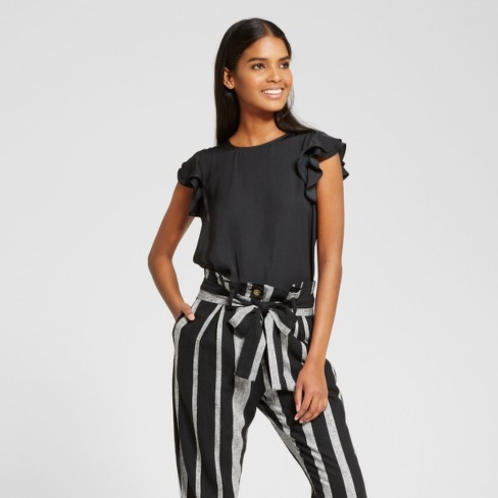 Who What Wear Women's Black Satin Ruffle Top NWT